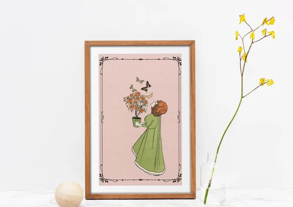Vintage Pink Print Nouveau Flower Girl Artwork Large Fine Art Print By Josef Rudolf Witzel by My Store