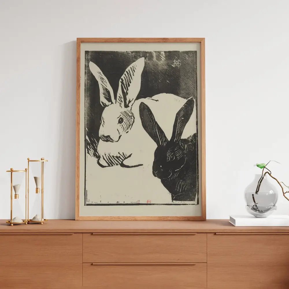 Vintage Rabbits Japanese Painting Print Beige Gray Art Nouveau Wall Art Decor Edition by My Store