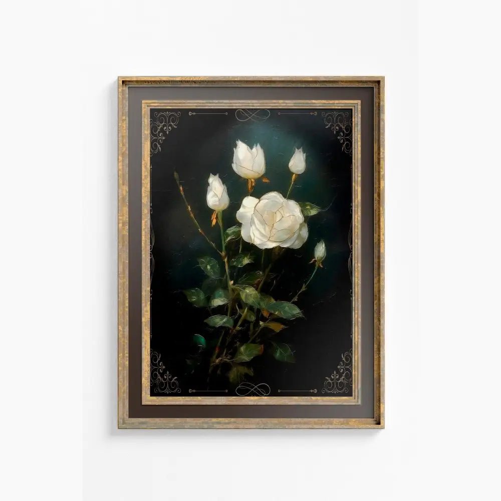 Vintage Rose Print Moody Floral Artwork In Dark Green Antique Rose Motif Wall Decor by My Store