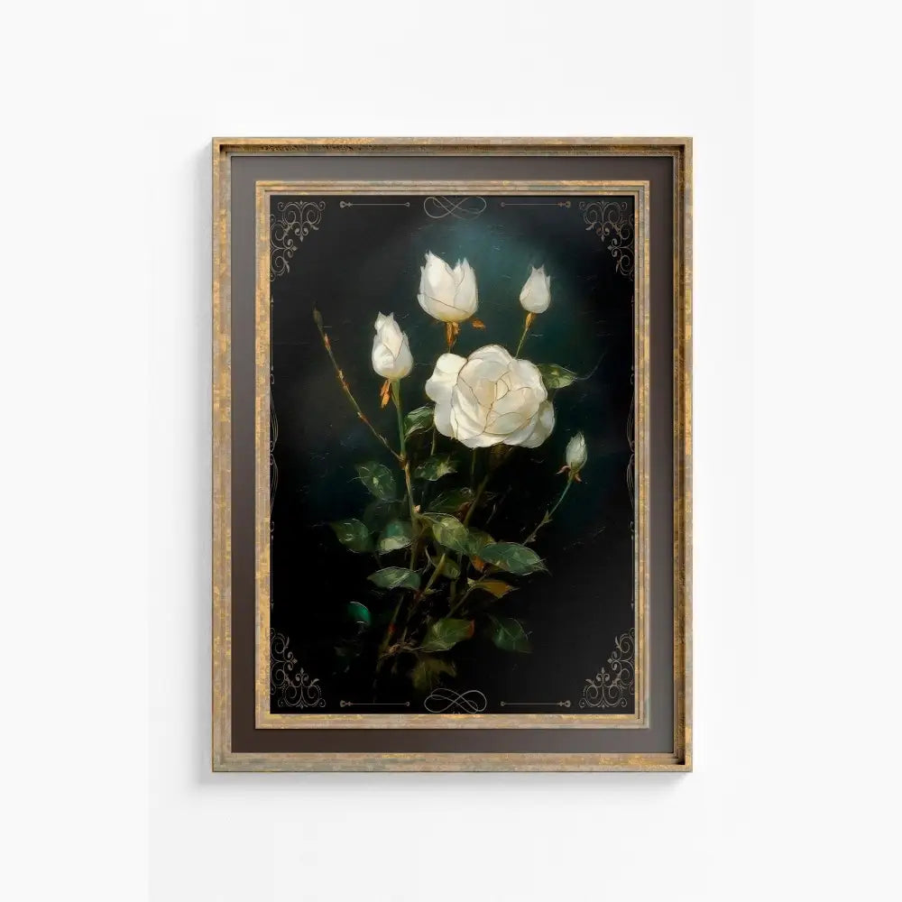 Vintage Rose Print Moody Floral Artwork In Dark Green Antique Rose Motif Wall Decor by My Store
