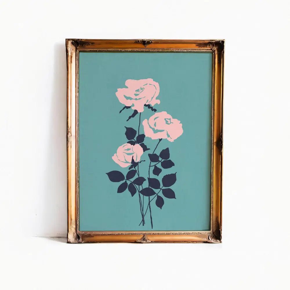 Vintage Roses Pink And Teal Floral Print Wall Art With Light Academia Whimsigoth Charm by My Store