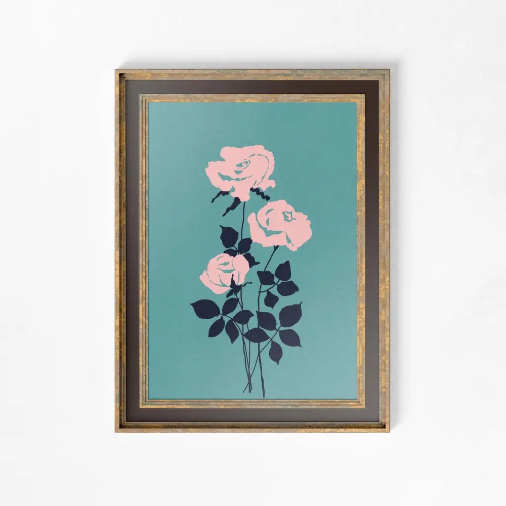 Vintage Roses Pink And Teal Floral Print Wall Art With Light Academia Whimsigoth Charm by My Store