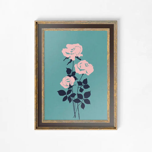 Vintage Roses Pink And Teal Floral Print Wall Art With Light Academia Whimsigoth Charm by My Store