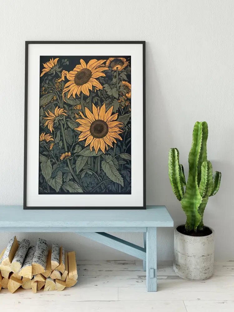 Vintage Sunflowers Print In Blue And Yellow Bohemian Art Large Archival Fine Art Paper by My Store