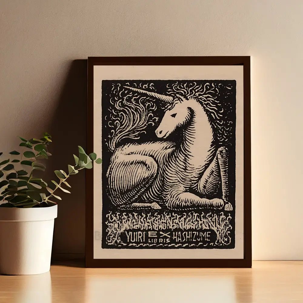 Vintage Unicorn Print Exlibris Art Black Beige by My Store