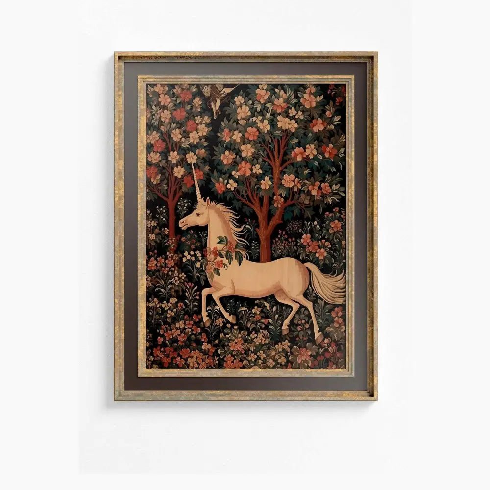 Vintage Unicorn Print Medieval Beige and Black Wall Art by My Store