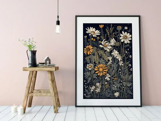 Vintage Wildflowers Print Blue And Yellow Bohemian Art Large Archival Quality Fine Art Print by My Store