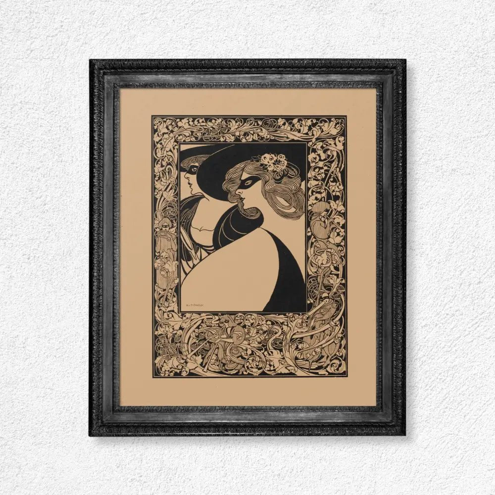 Vintage Will Bradley Two Masked Women Poster Beige And Black by My Store