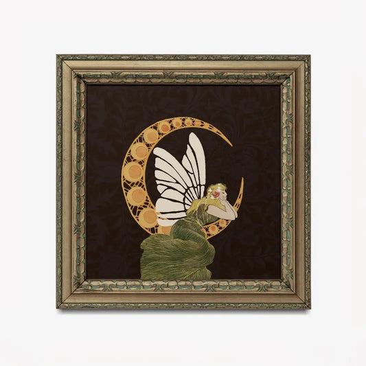 Vintage Woman And Moon Art Nouveau Print Beige And Gold Square Wall Art Premium Archival Print by My Store
