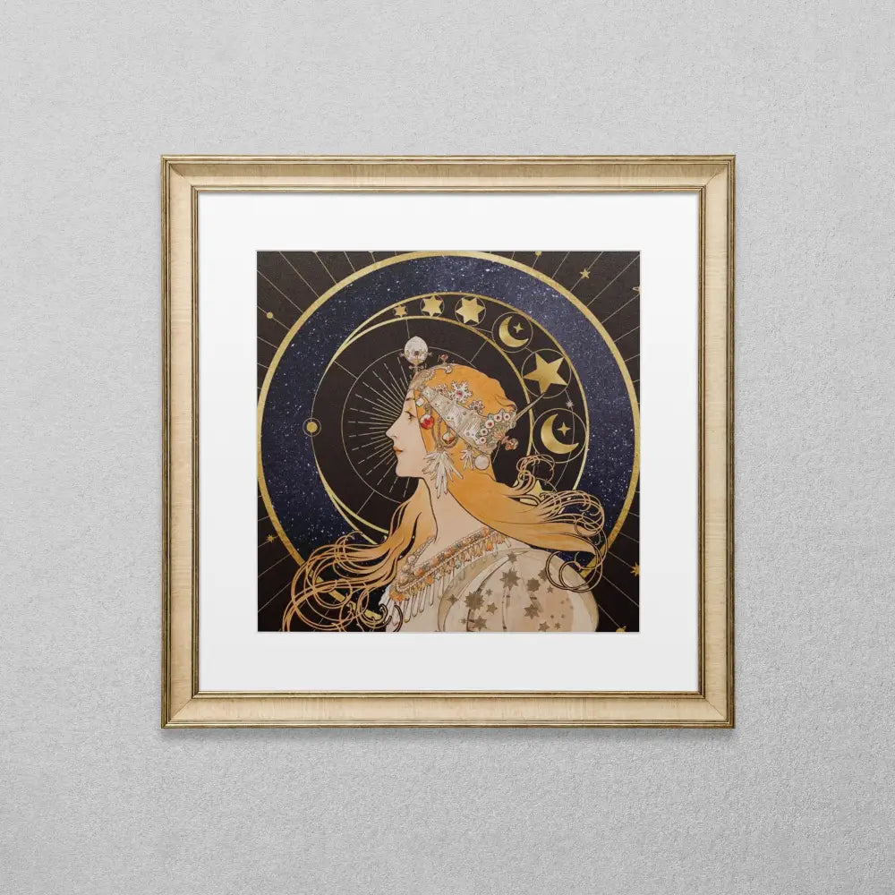 Vintage Woman And Moon Art Nouveau Print In Navy Gold Wall Art 8x10 Premium Archival Paper by My Store