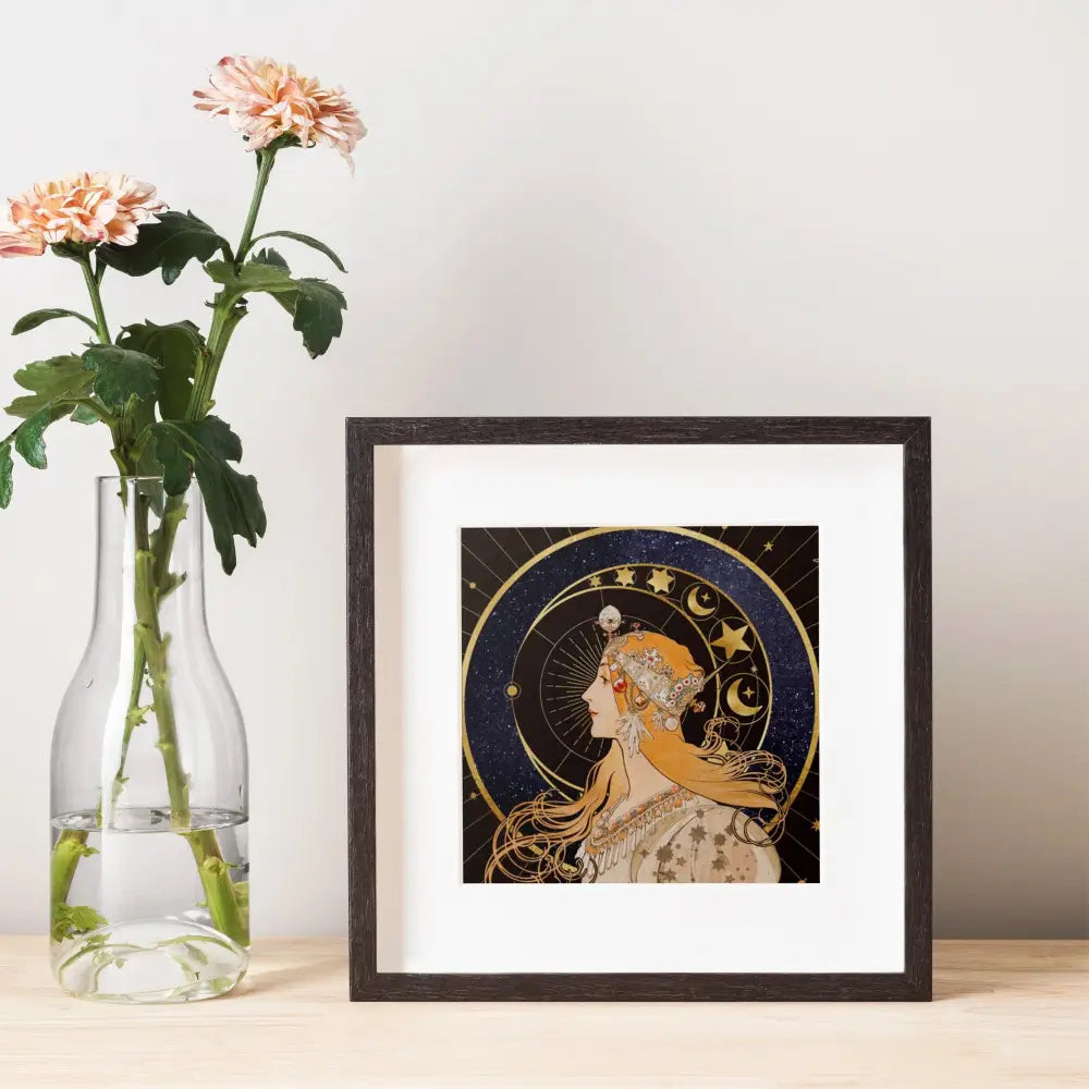 Vintage Woman And Moon Art Nouveau Print In Navy Gold Wall Art 8x10 Premium Archival Paper by My Store