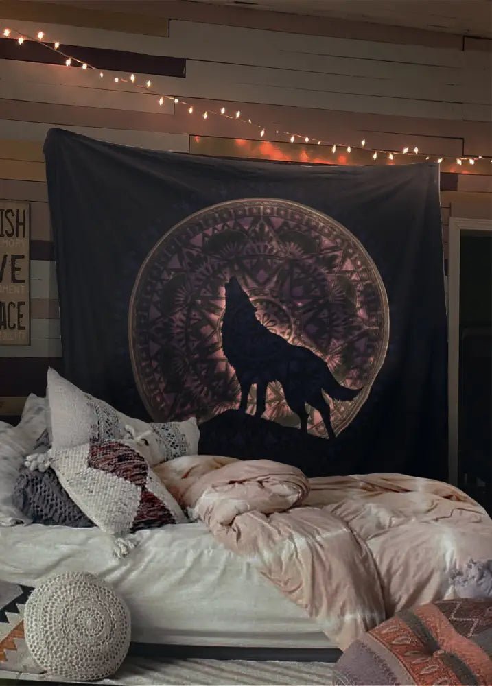 White Moon Wolf Pink Tapestry Distressed Tapestry Wall Hanging Meditation Yoga Grunge Hippie by DesignBohemian
