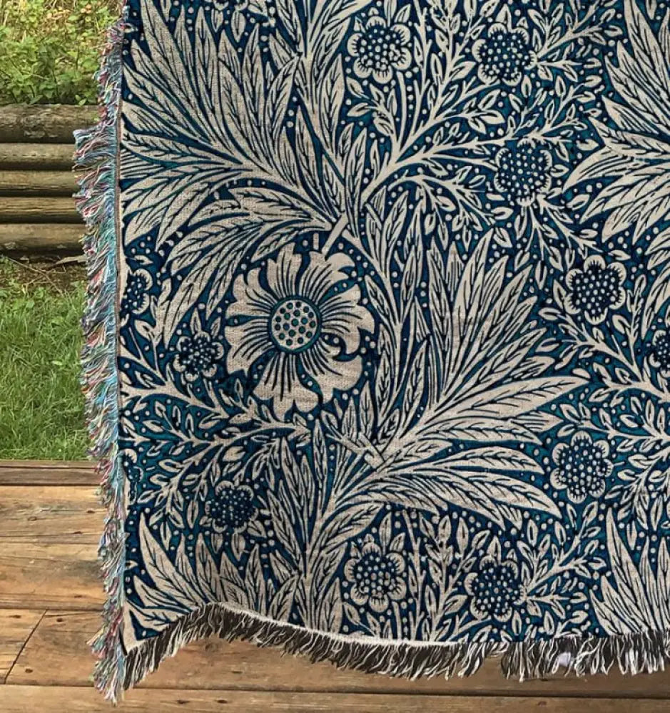 William Morris Indigo Woven Tapestry: Bohemian Cotton Throw Blanket by DesignBohemian