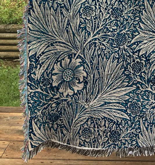 William Morris Indigo Woven Tapestry: Bohemian Cotton Throw Blanket by DesignBohemian