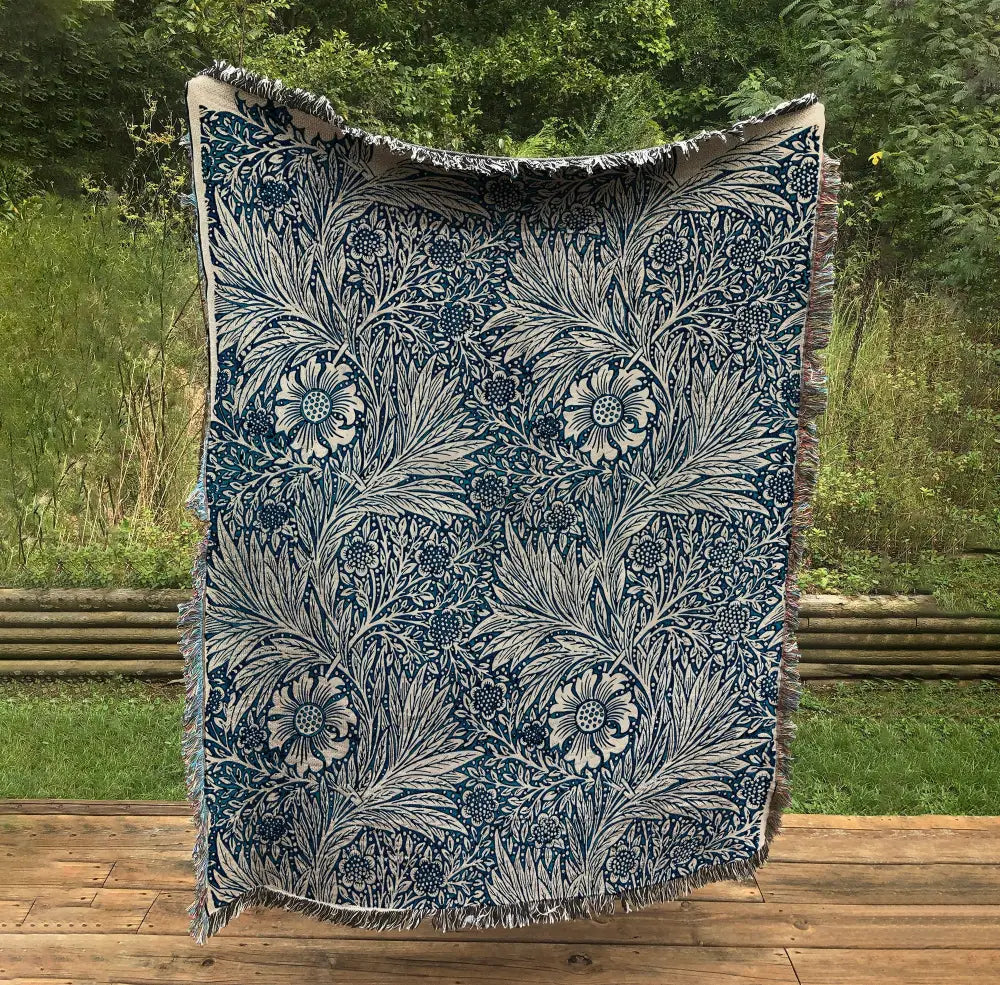 William Morris Indigo Woven Tapestry: Bohemian Cotton Throw Blanket by DesignBohemian