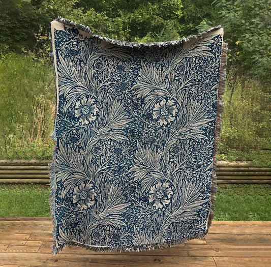 William Morris Indigo Woven Tapestry: Bohemian Cotton Throw Blanket by DesignBohemian