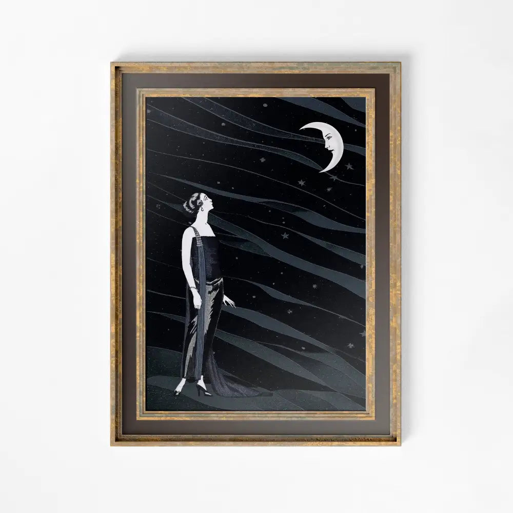 Woman And Moon Art Nouveau Goddess Poster Large Print In Black And Blue On Archival Matte Paper by My Store