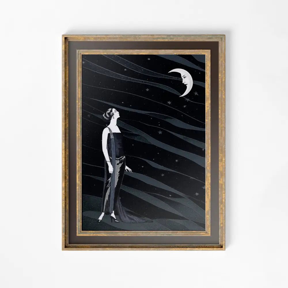 Woman And Moon Art Nouveau Goddess Poster Large Print In Black And Blue On Archival Matte Paper by My Store
