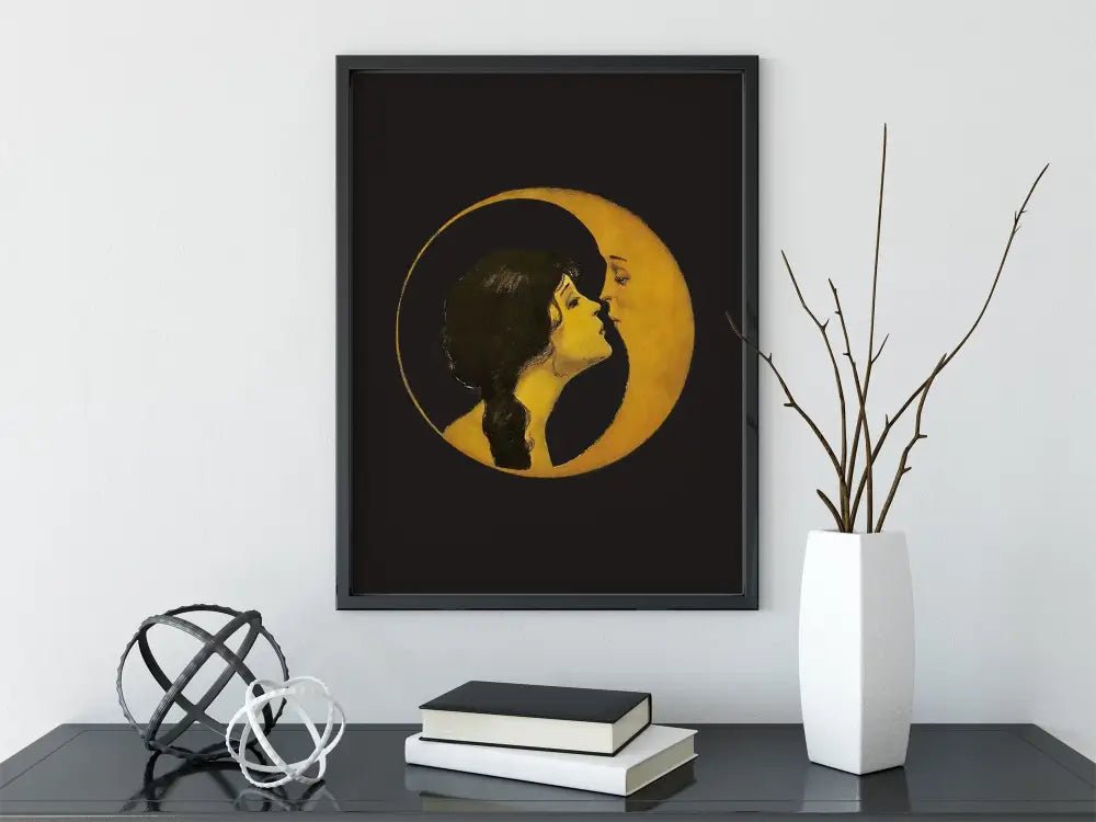 Woman Kissing Moon Art Nouveau Bohemian Print Dark Beige On Premium Archival Fine Art Paper by My Store
