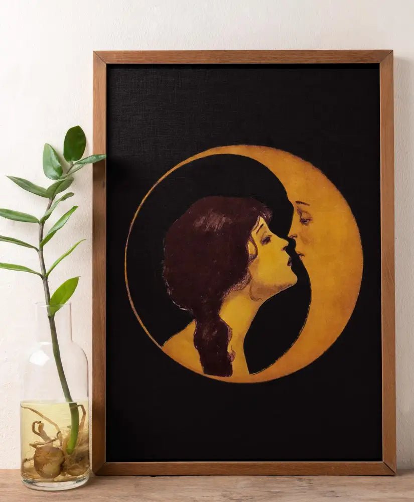 Woman Kissing Moon Art Nouveau Bohemian Print On Black Background Premium Archival Paper by My Store