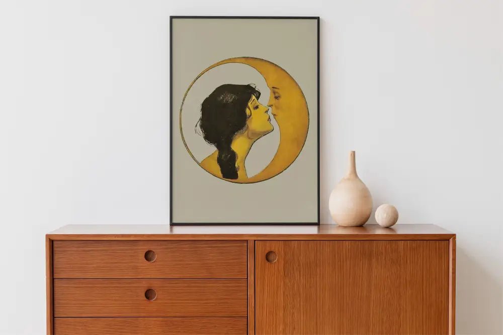 Woman Kissing Moon Art Nouveau Print Bohemian Artwork In Light Beige For Elegant Living Room Decor by My Store