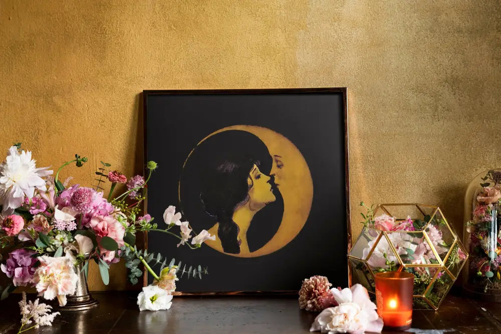 Woman Kissing Moon Art Nouveau Print In Dark Beige Gold by My Store