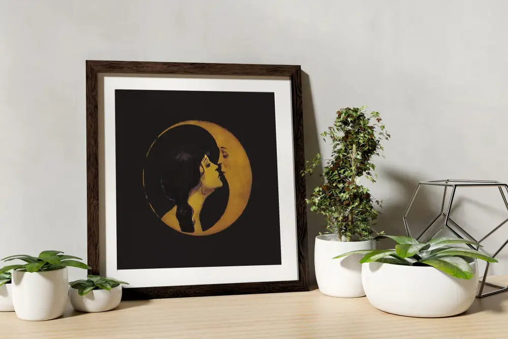 Woman Kissing Moon Art Nouveau Print In Dark Beige Gold by My Store