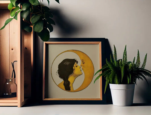 Woman Kissing Moon Art Nouveau Print In Light Beige Gold Elegant Moon Goddess Wall Art by My Store