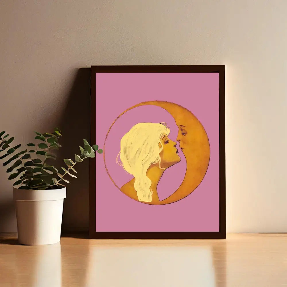 Woman Kissing Moon in Pink Art Nouveau Bohemian Print by My Store