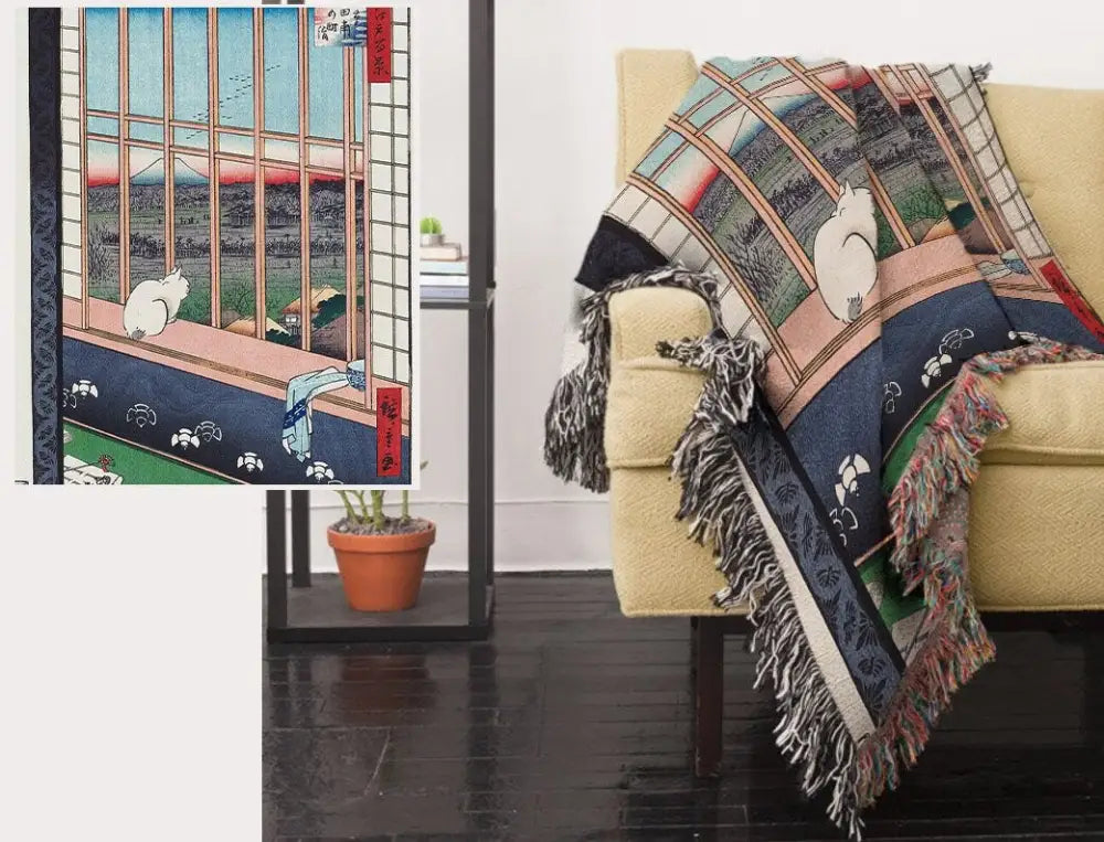 Woven Cat Tapestry: Vintage Japanese Art Throw Blanket by DesignBohemian