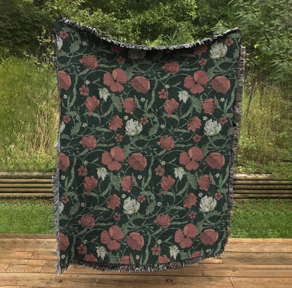 Woven Floral Blanket: Red Green William Morris Tapestry Throw by DesignBohemian