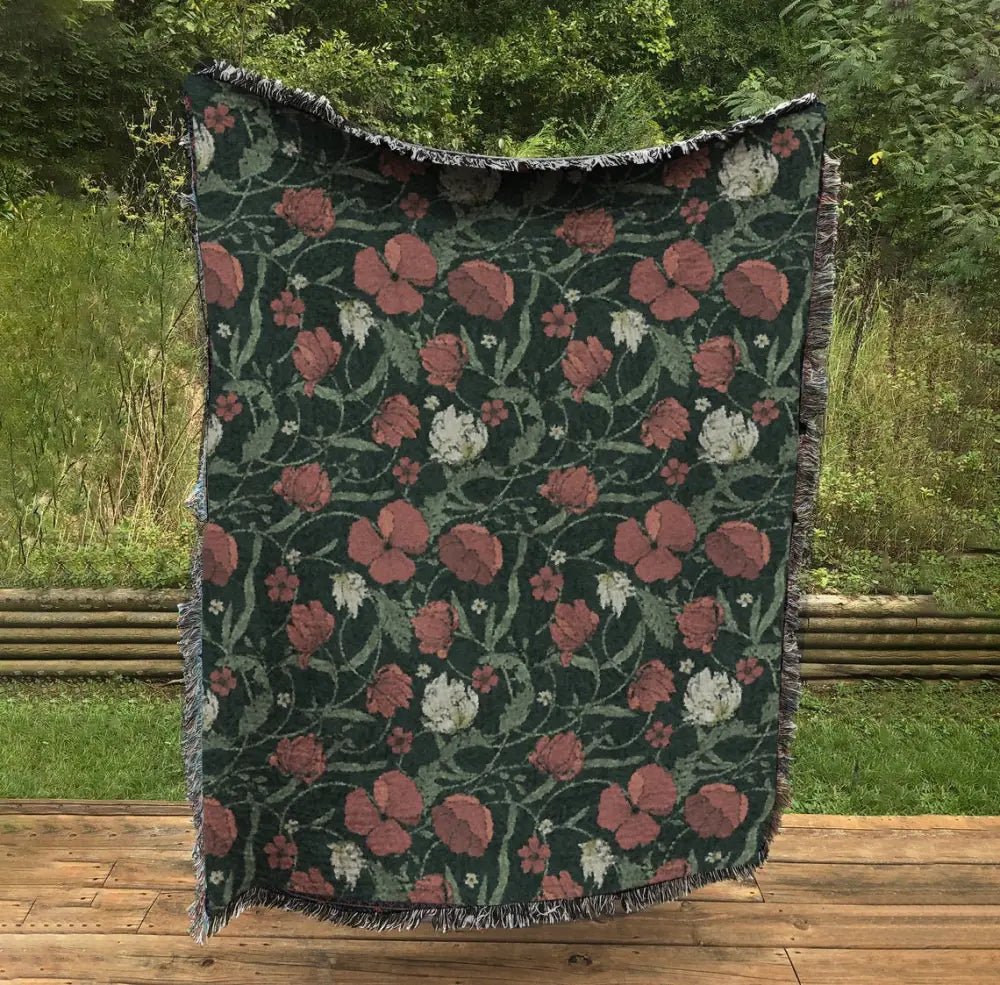 Woven Floral Blanket: Red Green William Morris Tapestry Throw by DesignBohemian