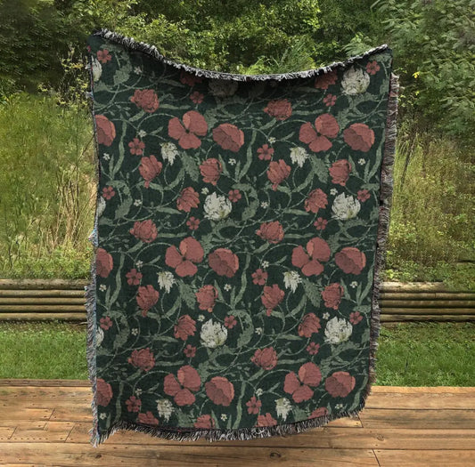 Woven Floral Blanket: Red Green William Morris Tapestry Throw by DesignBohemian
